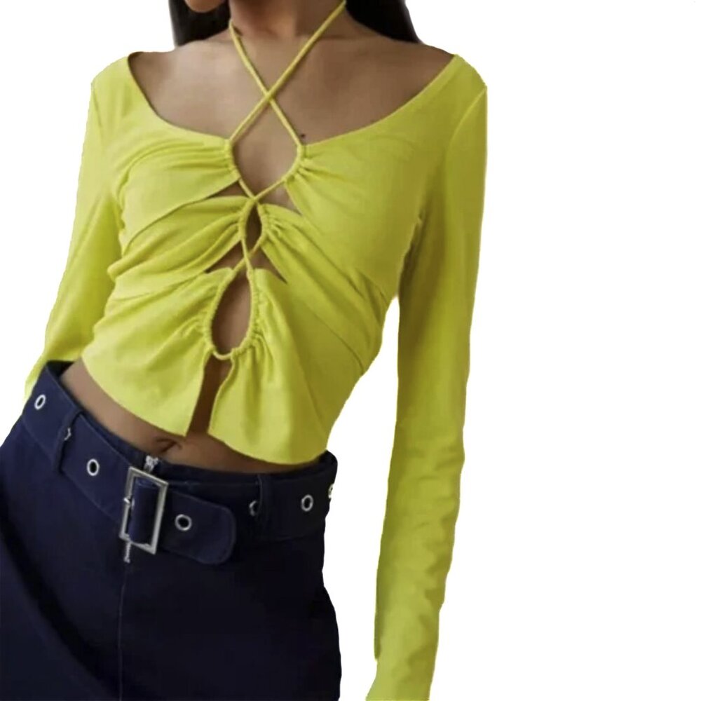 Urban Outfitters Elena Drawstring Cutout Chartreuse V-Neck Crop Top Size M - NWT